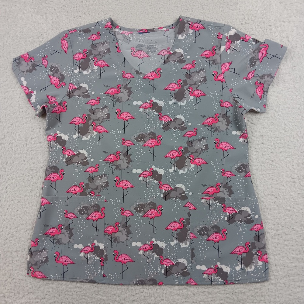 Koi Scrub Top Women Large Grey Pink Flamingo Print V-Neck Short Sleeve Pocket